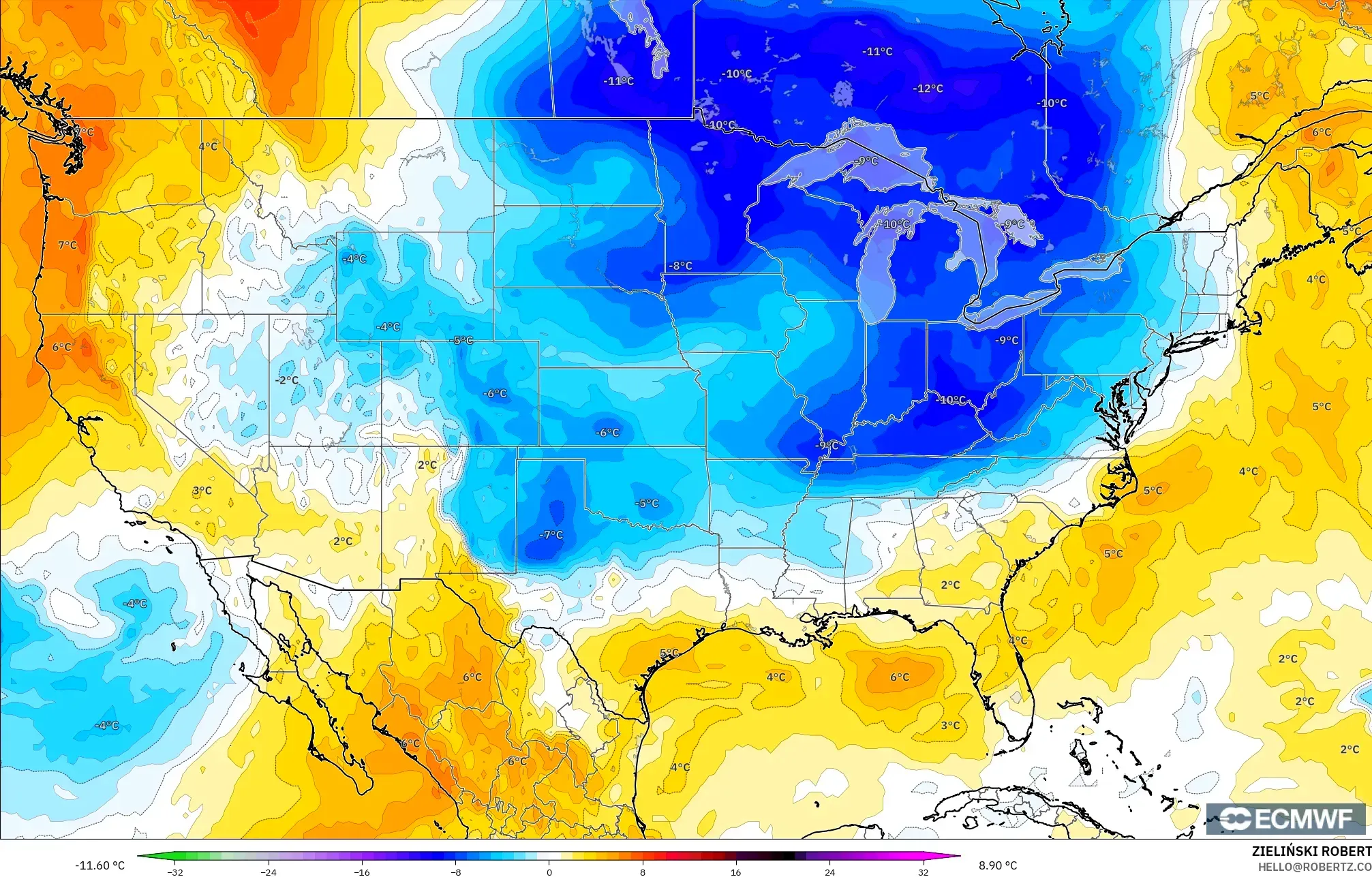 ECMWF IFS 0.25° model - Amerika Birleşik Devletleri, 850 hPa Sıcaklık Anomalisi
