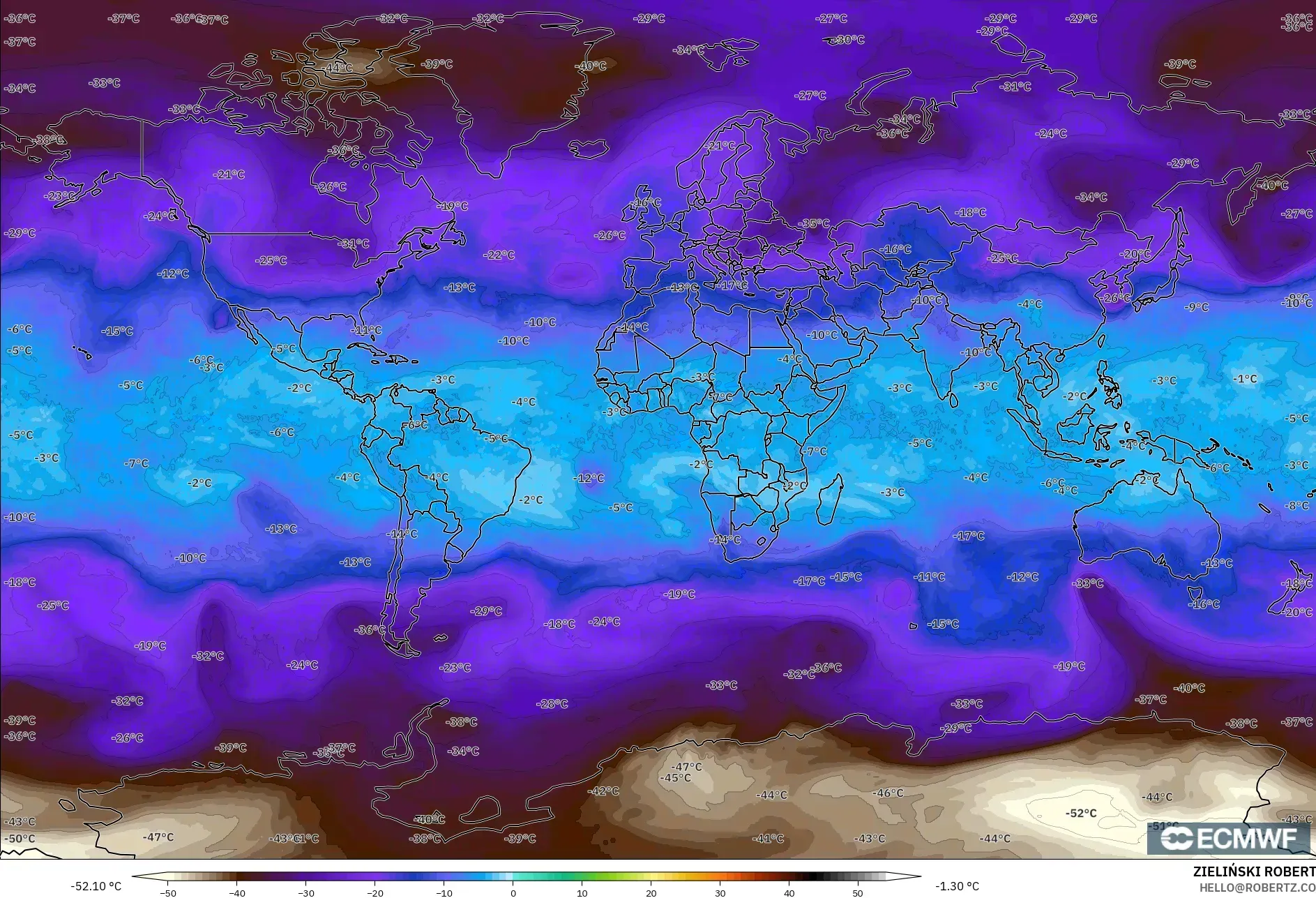 ECMWF IFS 0.25° model - Dünya, 500 hPa Sıcaklık