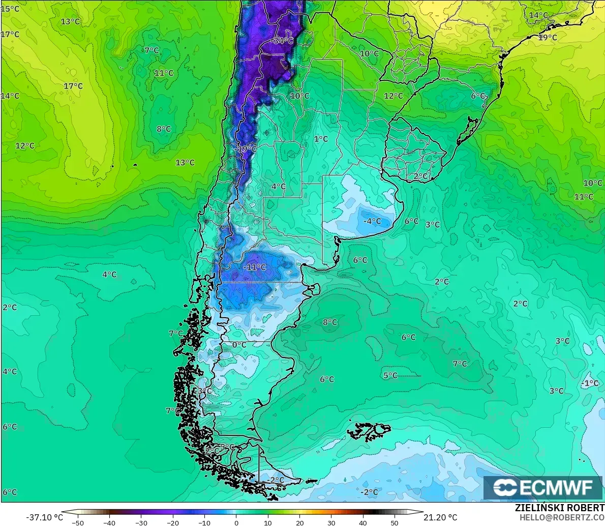 ECMWF IFS 0.25° model - Arjantin, 2 m Çiy Noktası