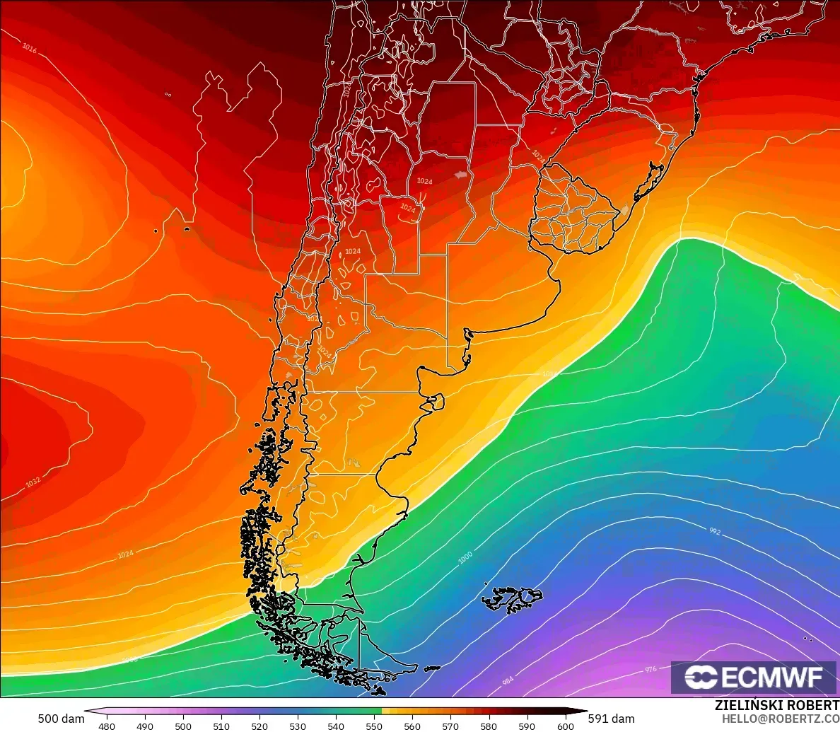 ECMWF IFS 0.25° model - Arjantin, 500 hPa’da jeopotansiyel yükseklik
