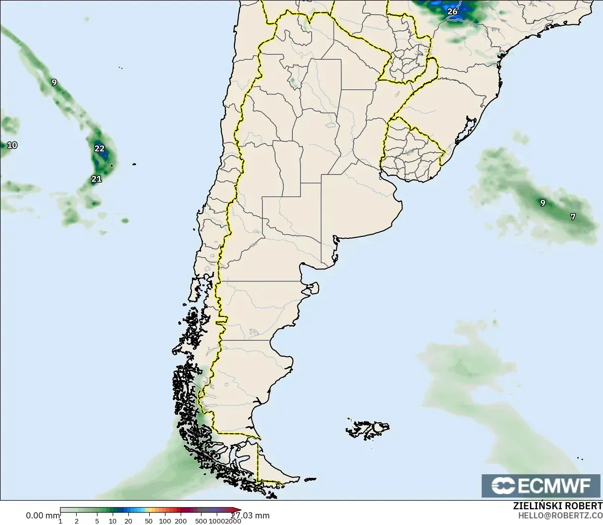 ECMWF IFS 0.25° model - Arjantin, Yağış Birikimi
