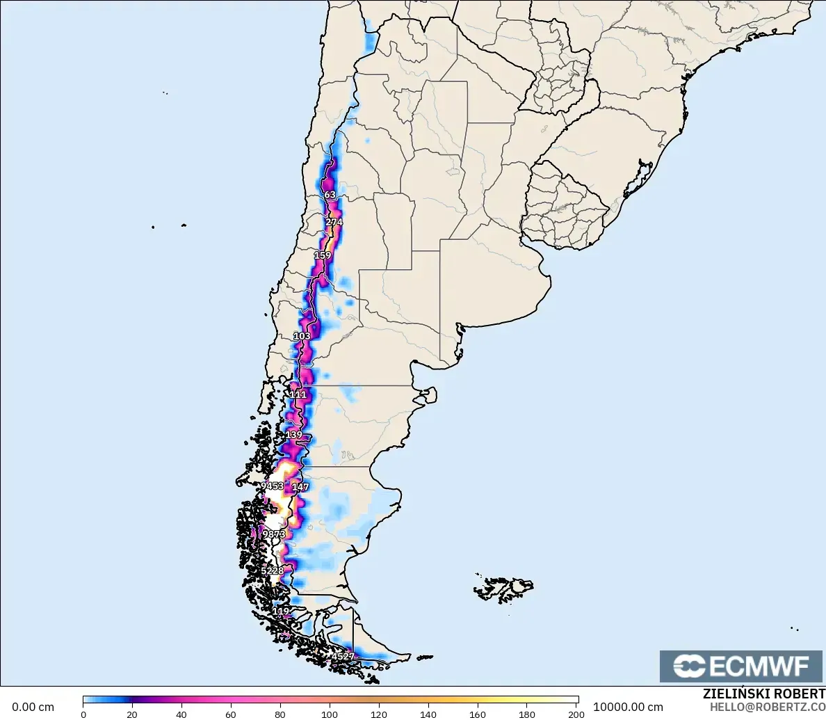 ECMWF IFS 0.25° model - Arjantin, Kar Kalınlığı