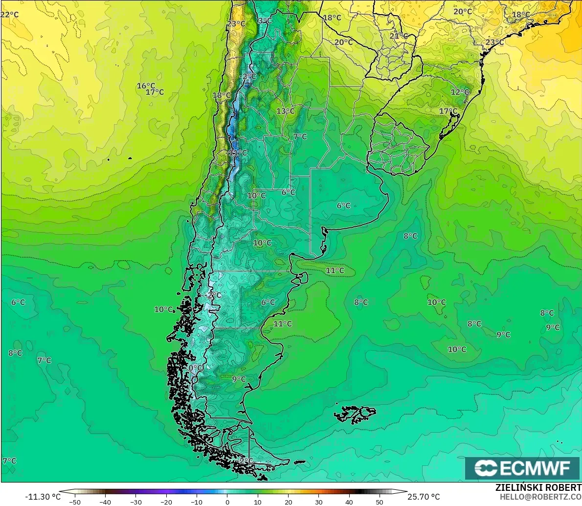 ECMWF IFS 0.25° model - Arjantin, 2 m Sıcaklık