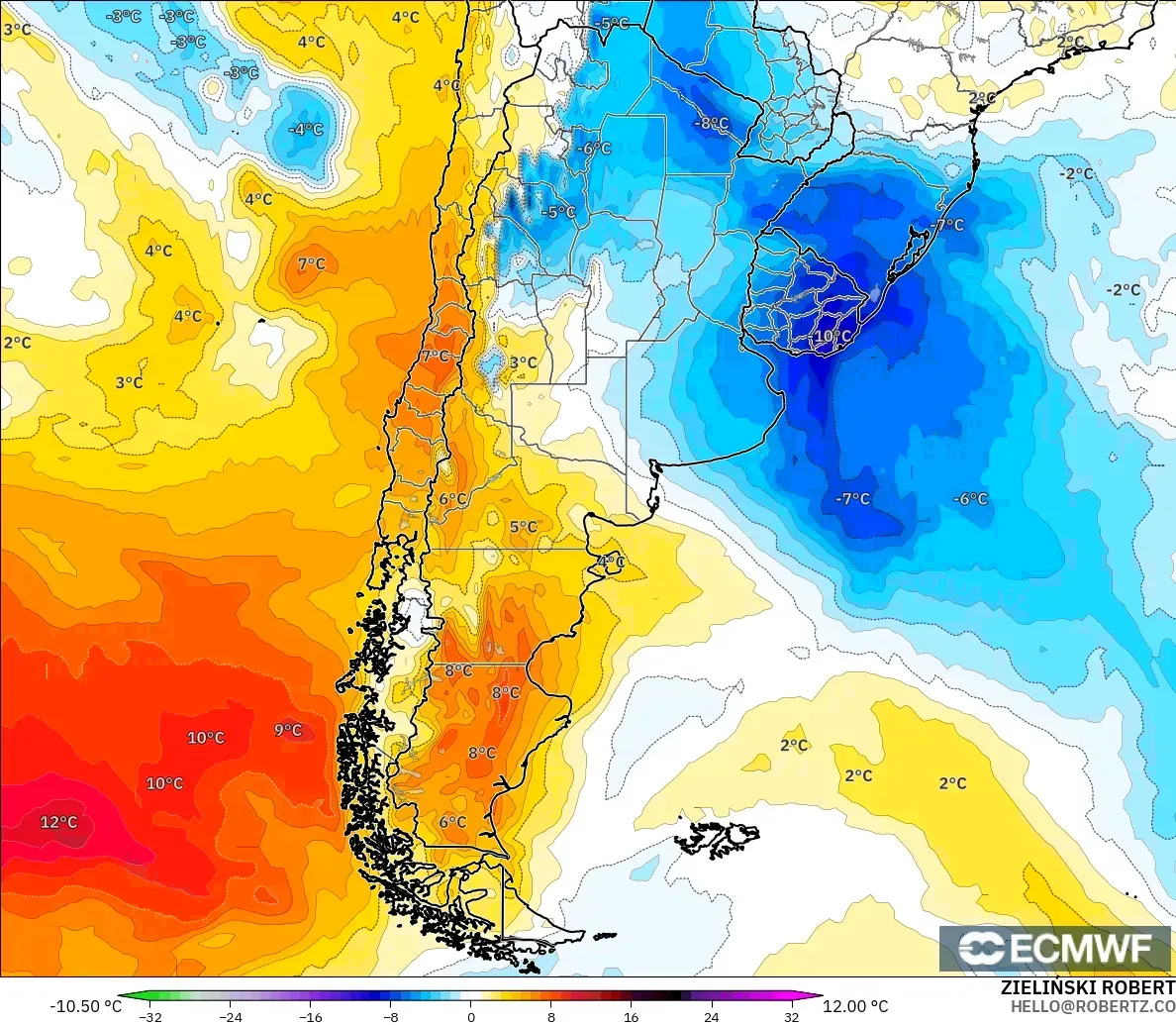 ECMWF IFS 0.25° model - Arjantin, 850 hPa Sıcaklık Anomalisi