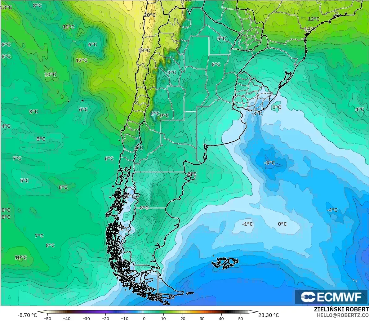 ECMWF IFS 0.25° model - Arjantin, 850 hPa Sıcaklık