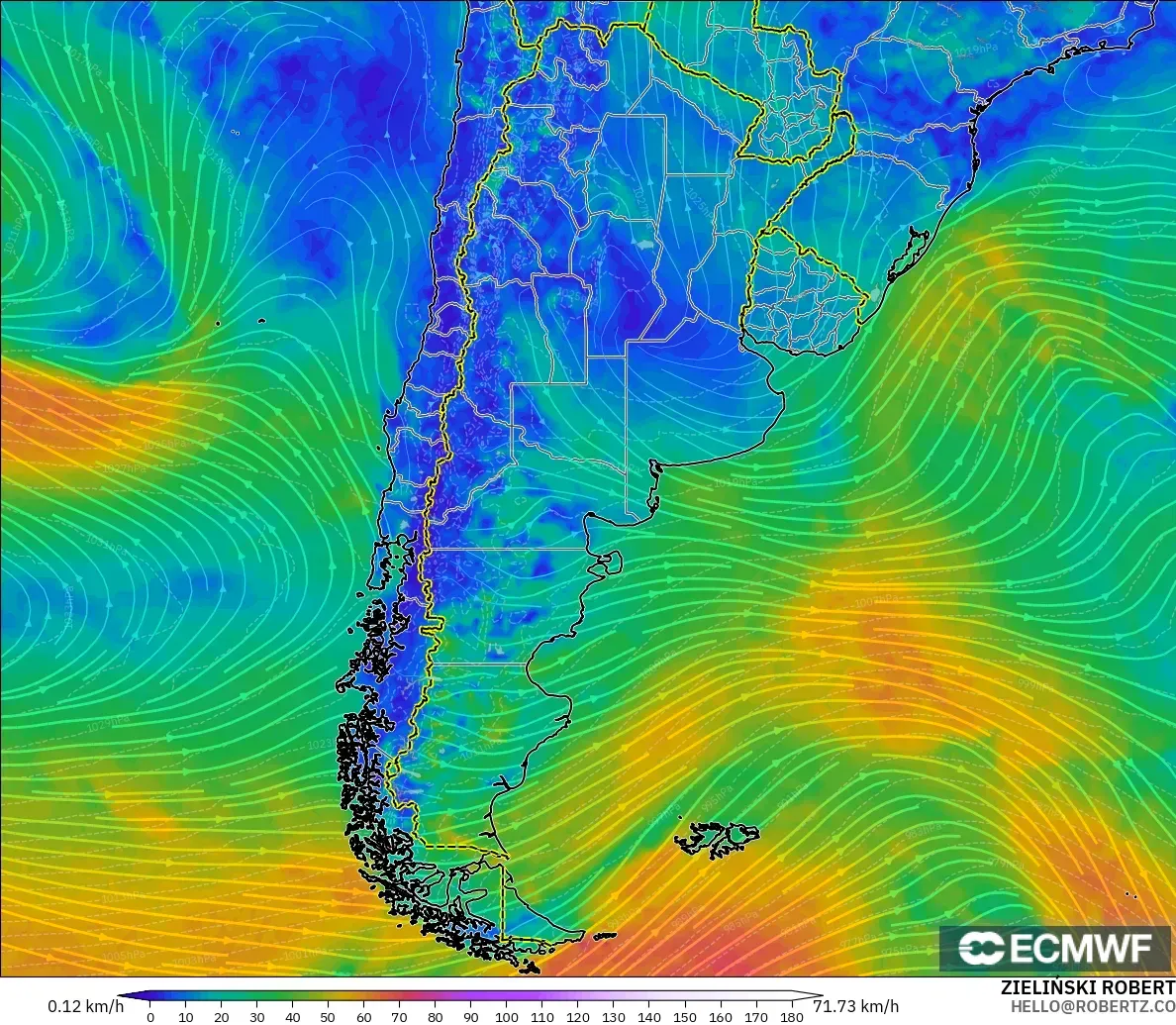 ECMWF IFS 0.25° model - Arjantin, 10 m Rüzgâr