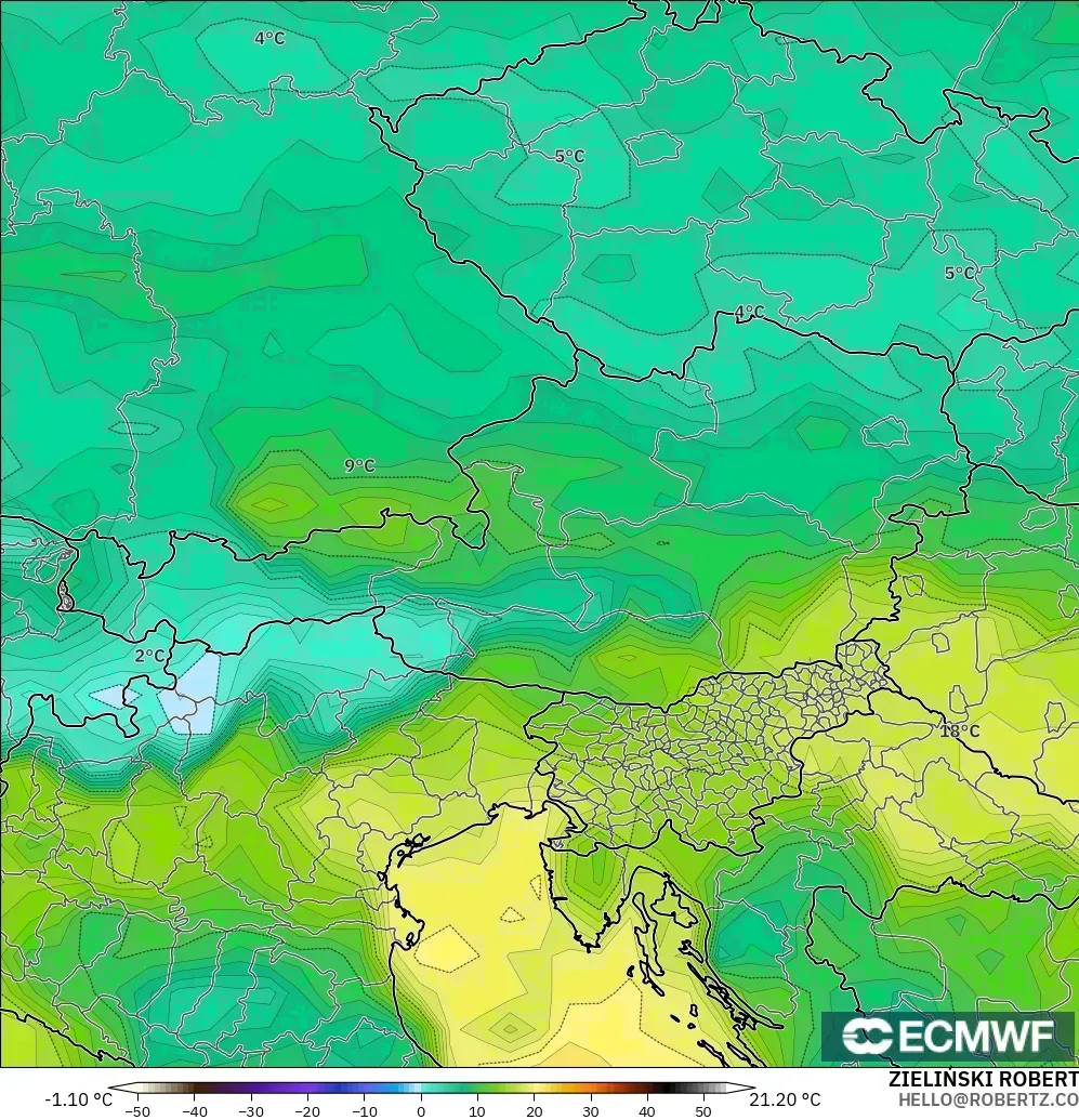 ECMWF IFS 0.25° model - Avusturya, 2 m Çiy Noktası