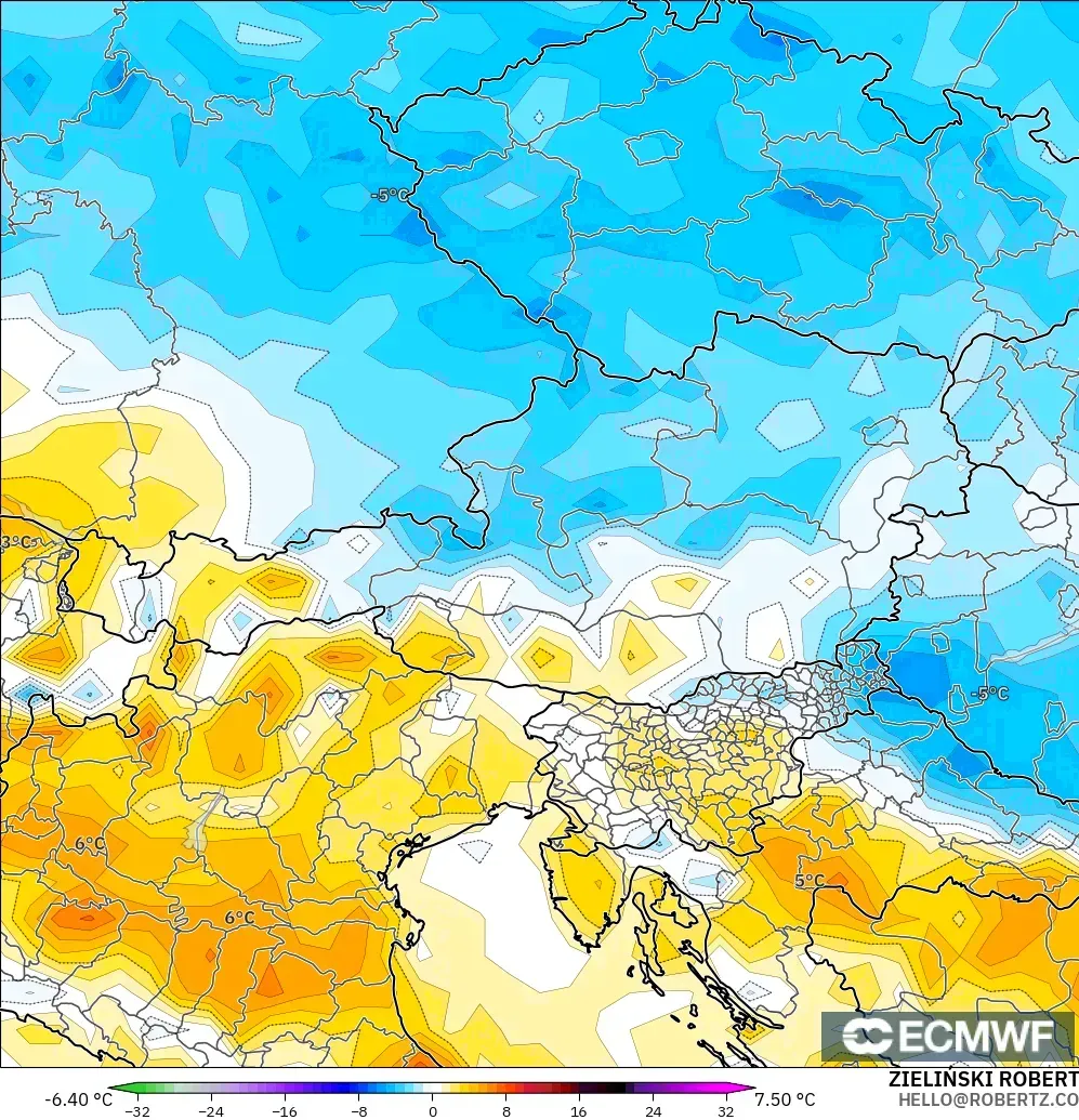 ECMWF IFS 0.25° model - Avusturya, 2 m Sıcaklık Anomalisi