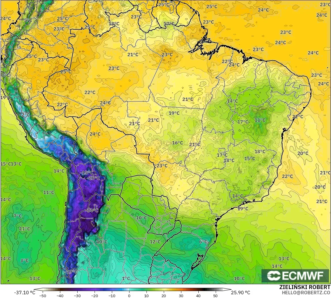 ECMWF IFS 0.25° model - Brezilya, 2 m Çiy Noktası