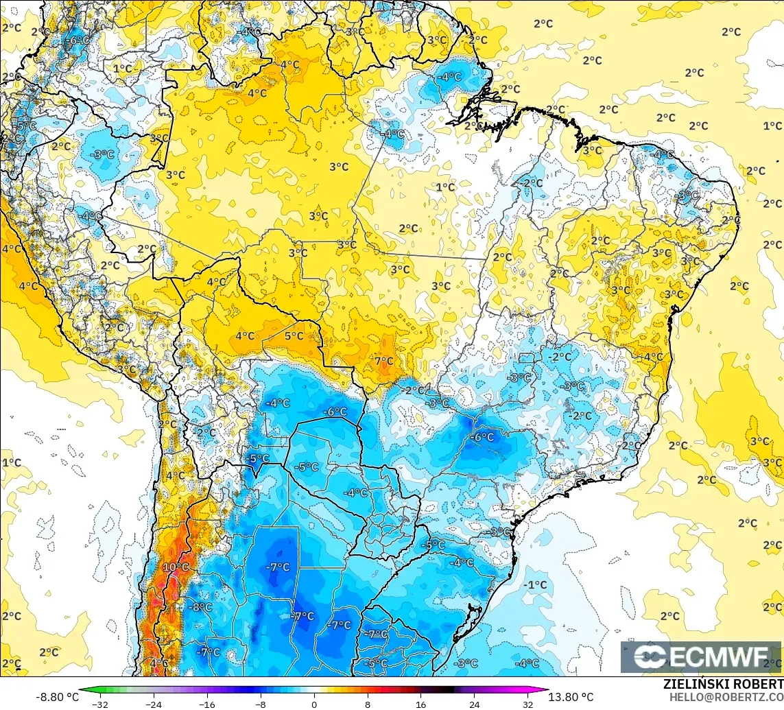 ECMWF IFS 0.25° model - Brezilya, 2 m Sıcaklık Anomalisi