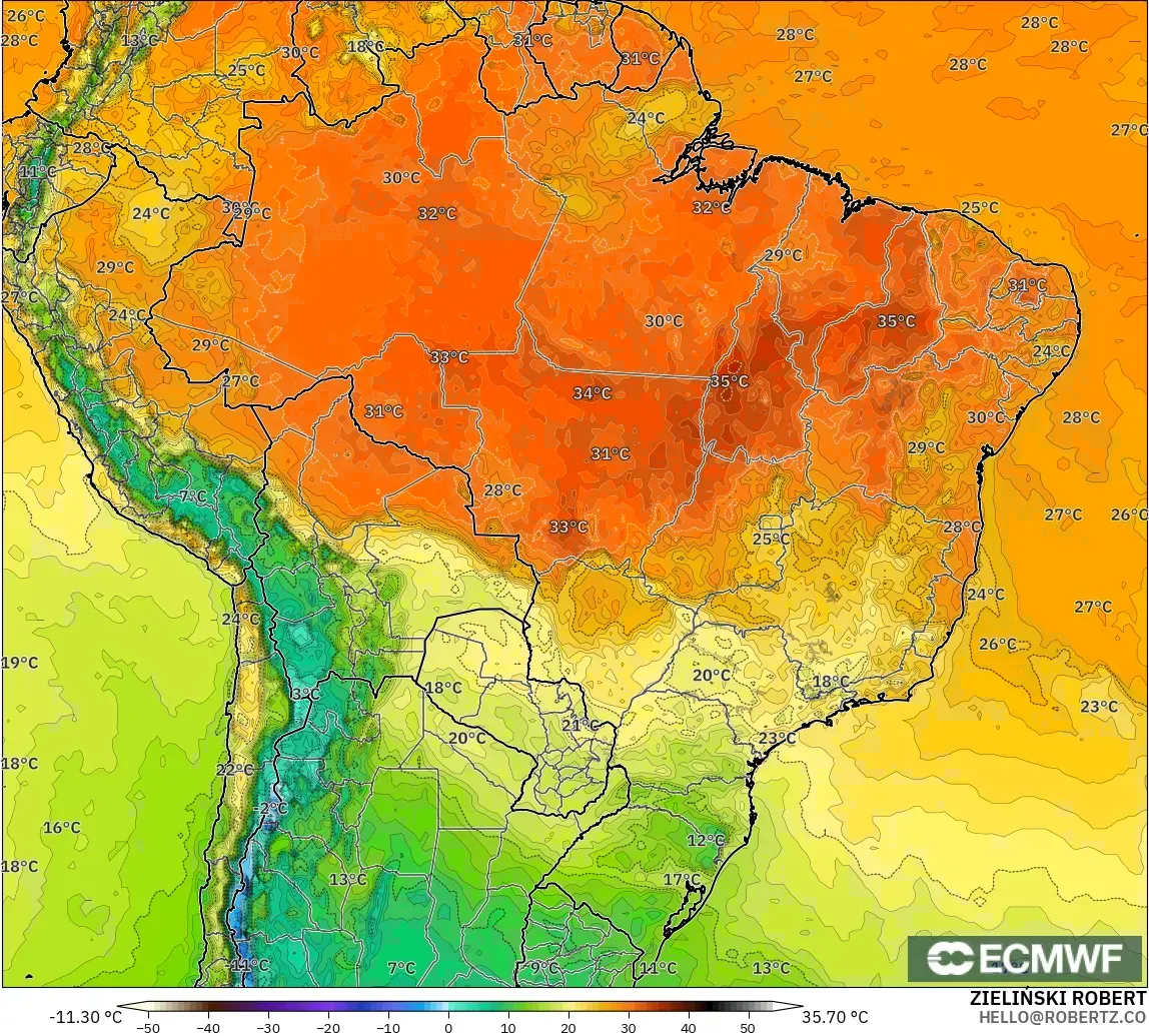 ECMWF IFS 0.25° model - Brezilya, 2 m Sıcaklık