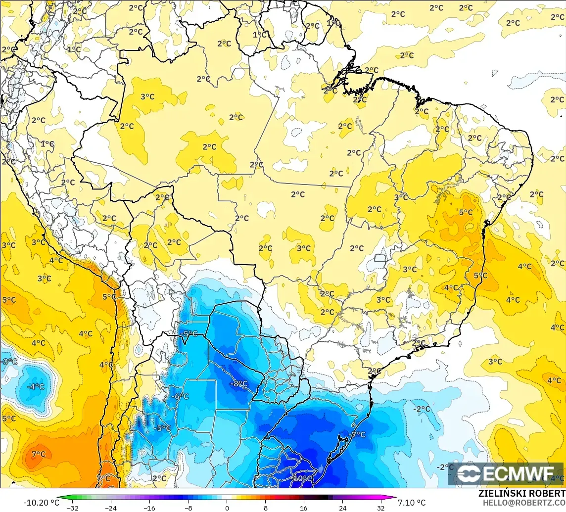 ECMWF IFS 0.25° model - Brezilya, 850 hPa Sıcaklık Anomalisi
