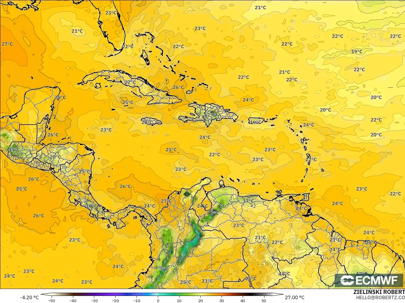 ECMWF IFS 0.25° model - Karayipler, 2 m Çiy Noktası