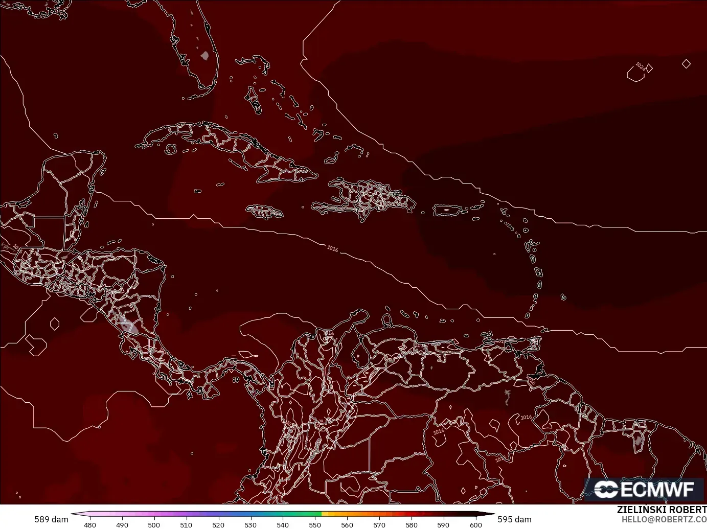 ECMWF IFS 0.25° model - Karayipler, 500 hPa’da jeopotansiyel yükseklik