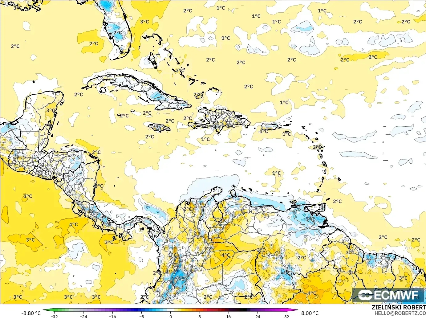 ECMWF IFS 0.25° model - Karayipler, 2 m Sıcaklık Anomalisi