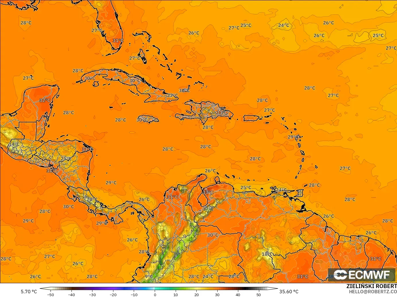 ECMWF IFS 0.25° model - Karayipler, 2 m Sıcaklık