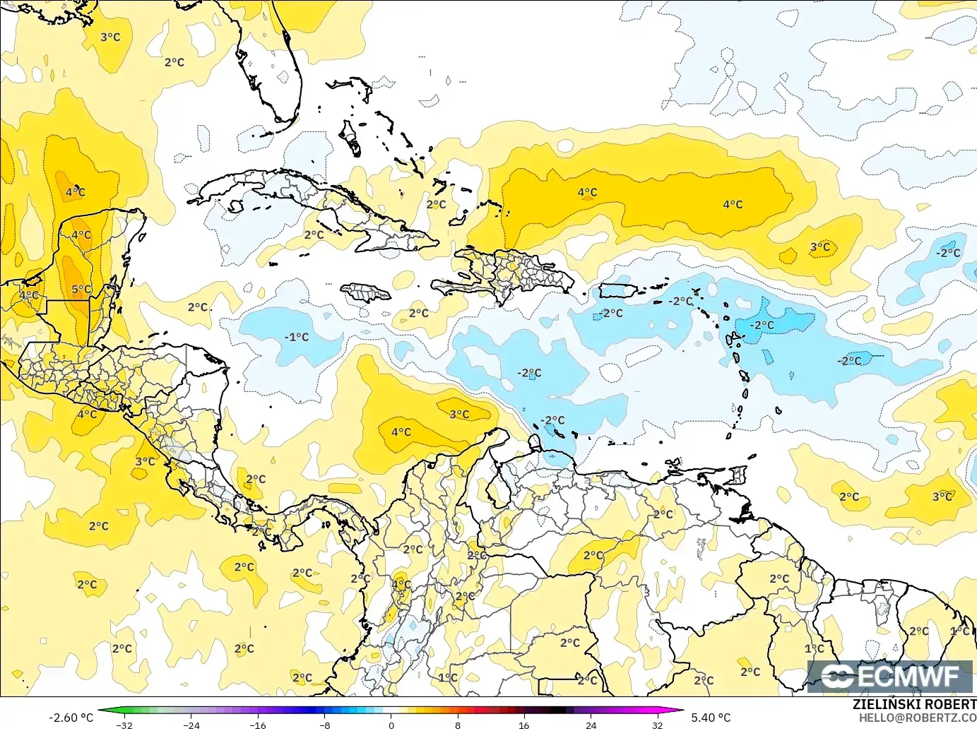 ECMWF IFS 0.25° model - Karayipler, 850 hPa Sıcaklık Anomalisi