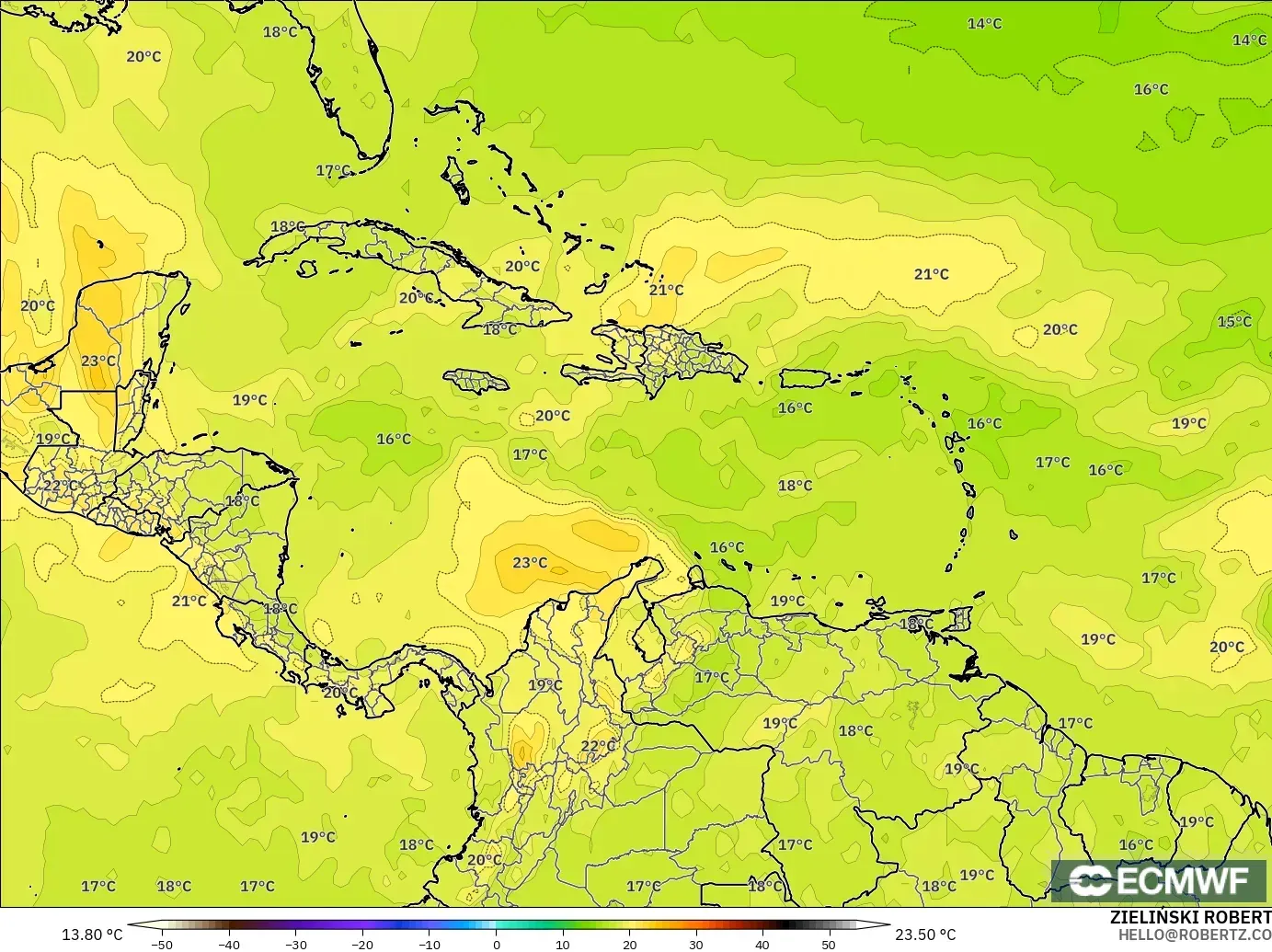 ECMWF IFS 0.25° model - Karayipler, 850 hPa Sıcaklık