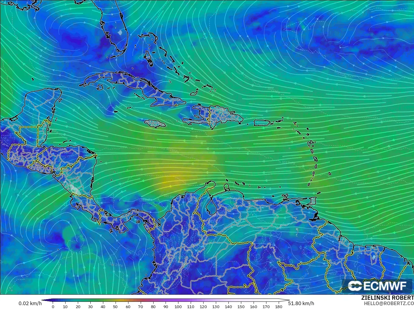 ECMWF IFS 0.25° model - Karayipler, 10 m Rüzgâr