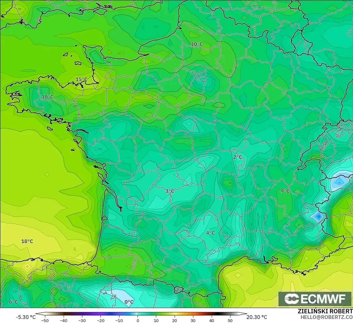 ECMWF IFS 0.25° model - Fransa, 2 m Çiy Noktası