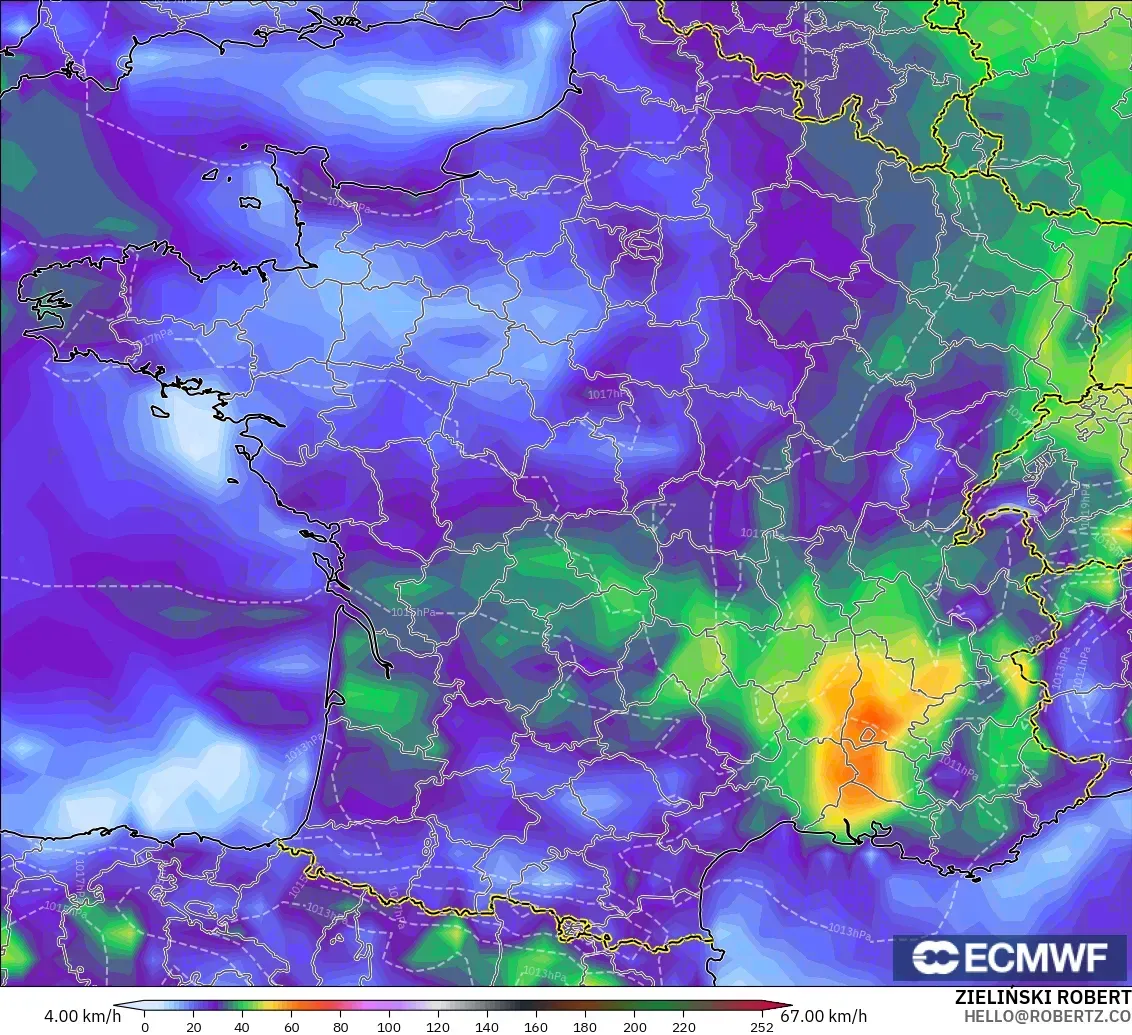 ECMWF IFS 0.25° model - Fransa, En Yüksek Rüzgâr