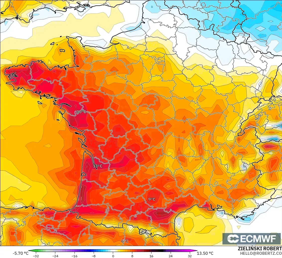ECMWF IFS 0.25° model - Fransa, 2 m Sıcaklık Anomalisi