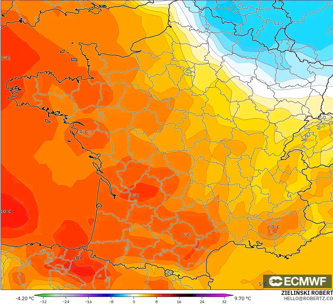 ECMWF IFS 0.25° model - Fransa, 850 hPa Sıcaklık Anomalisi