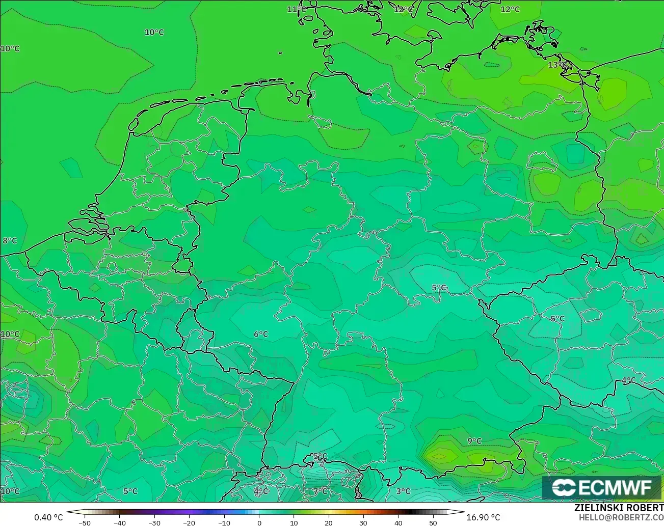 ECMWF IFS 0.25° model - Almanya, 2 m Çiy Noktası