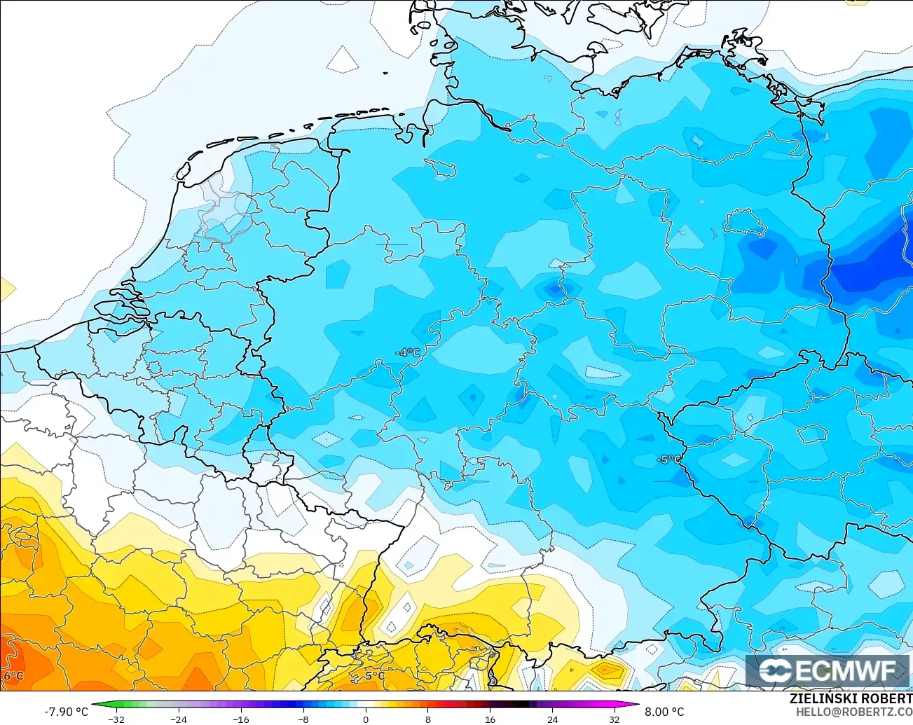 ECMWF IFS 0.25° model - Almanya, 2 m Sıcaklık Anomalisi