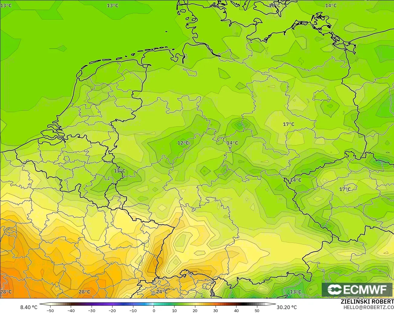 ECMWF IFS 0.25° model - Almanya, 2 m Sıcaklık