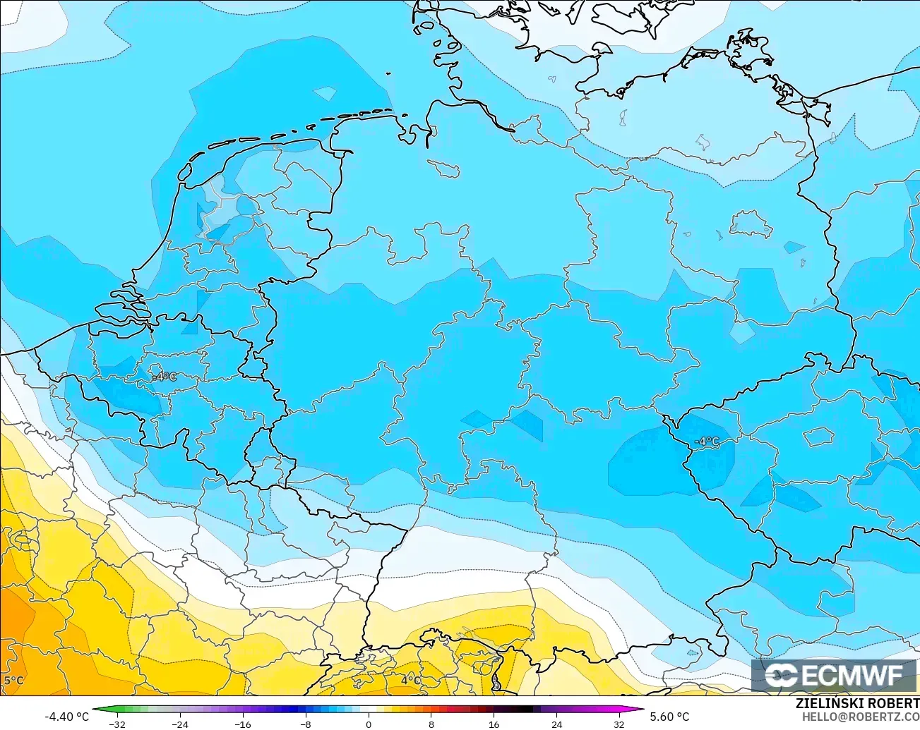 ECMWF IFS 0.25° model - Almanya, 850 hPa Sıcaklık Anomalisi