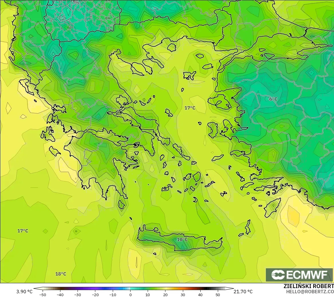 ECMWF IFS 0.25° model - Yunanistan, 2 m Çiy Noktası