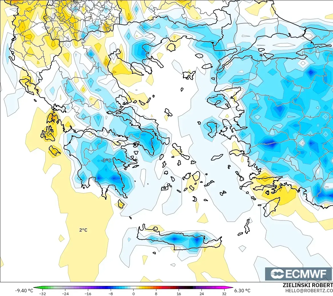 ECMWF IFS 0.25° model - Yunanistan, 2 m Sıcaklık Anomalisi