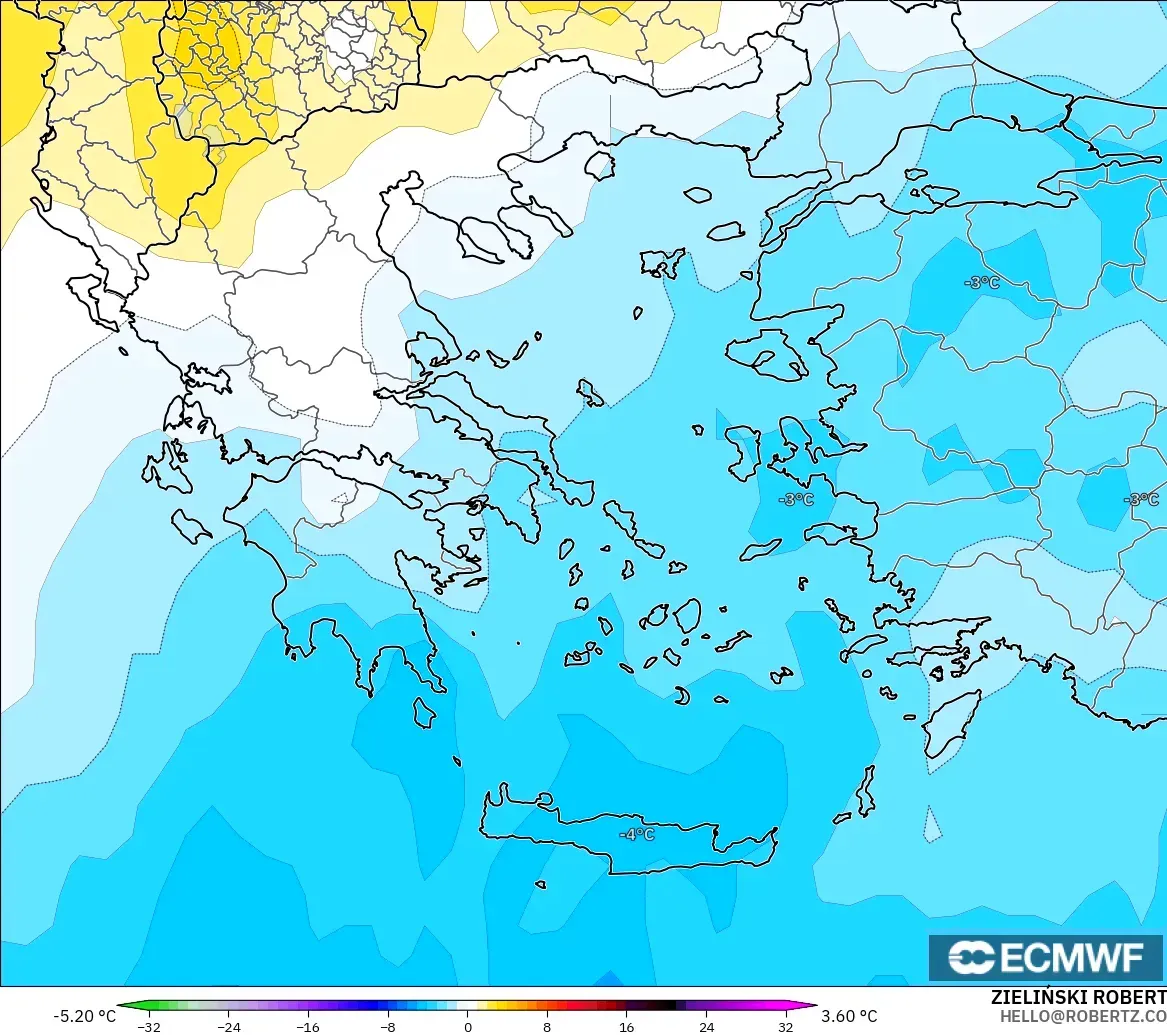 ECMWF IFS 0.25° model - Yunanistan, 850 hPa Sıcaklık Anomalisi