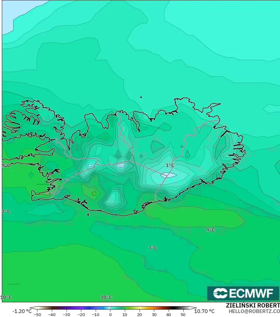 ECMWF IFS 0.25° model - İzlanda, 2 m Çiy Noktası
