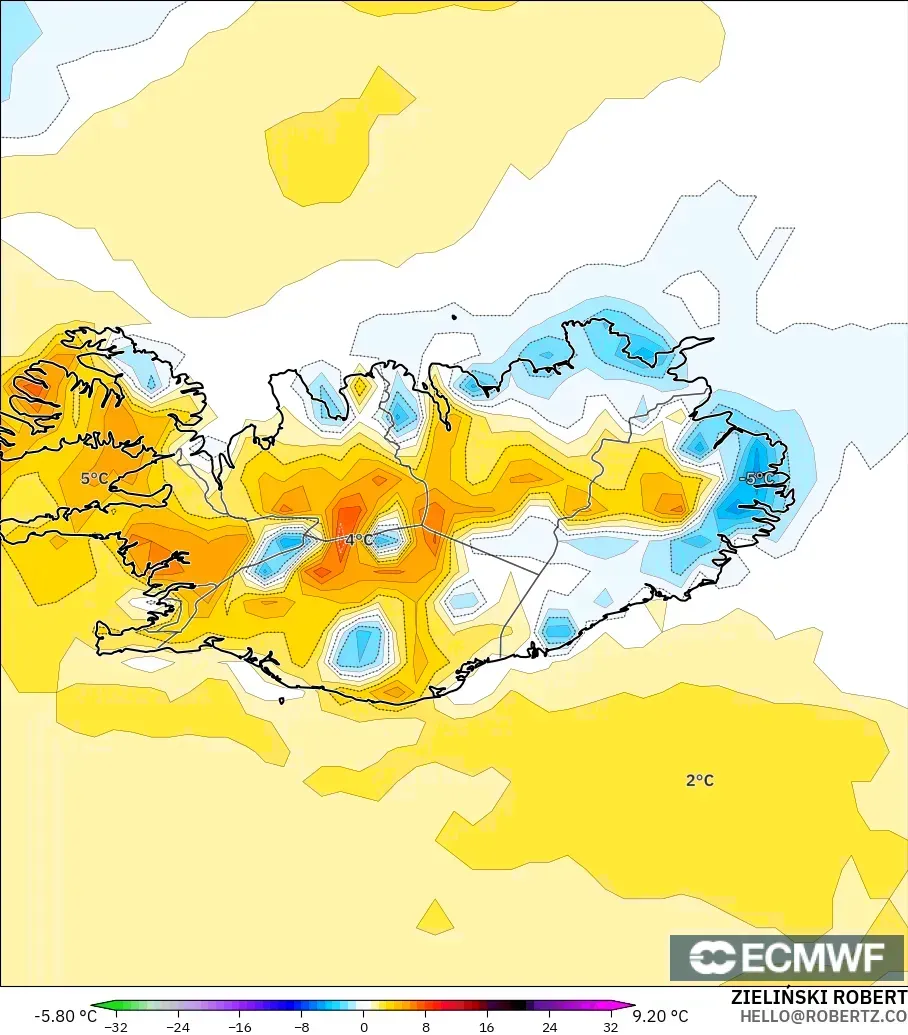 ECMWF IFS 0.25° model - İzlanda, 2 m Sıcaklık Anomalisi