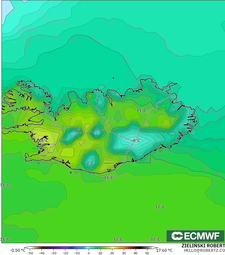 ECMWF IFS 0.25° model - İzlanda, 2 m Sıcaklık