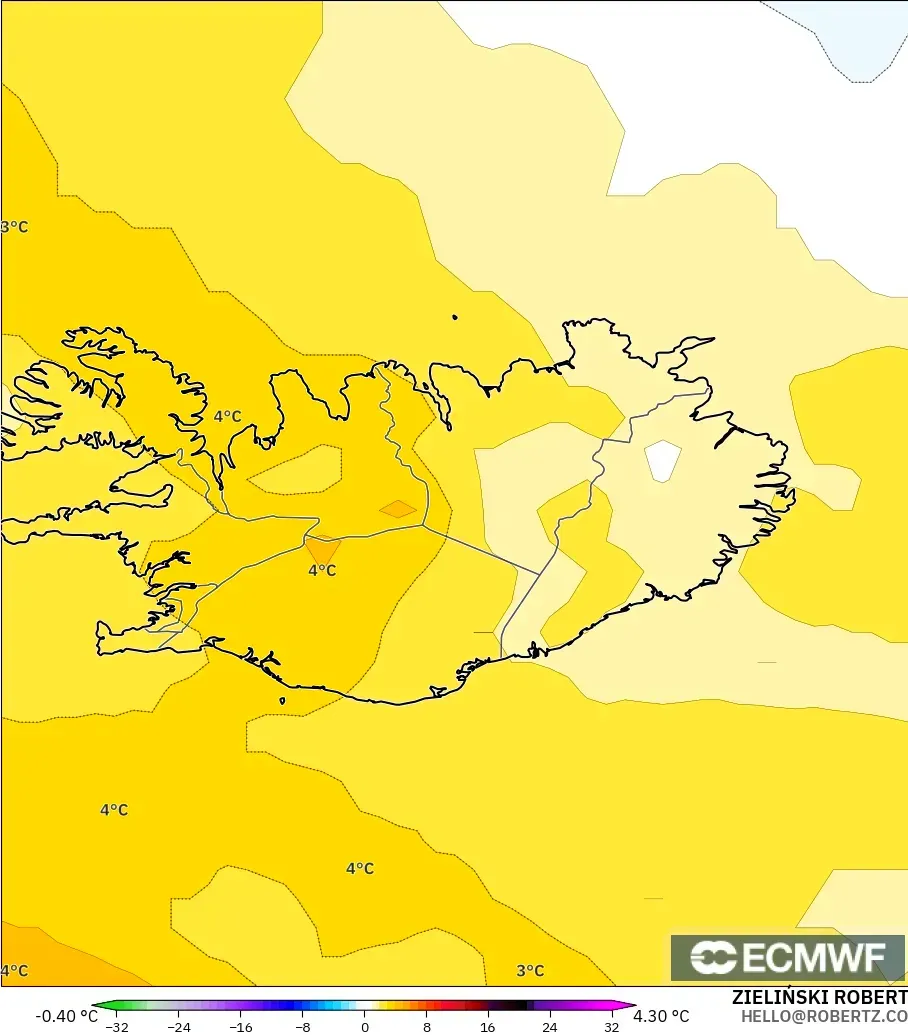 ECMWF IFS 0.25° model - İzlanda, 850 hPa Sıcaklık Anomalisi