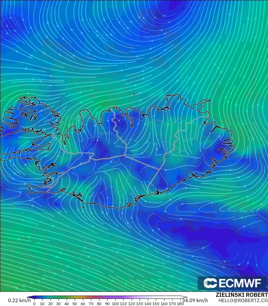 ECMWF IFS 0.25° model - İzlanda, 10 m Rüzgâr