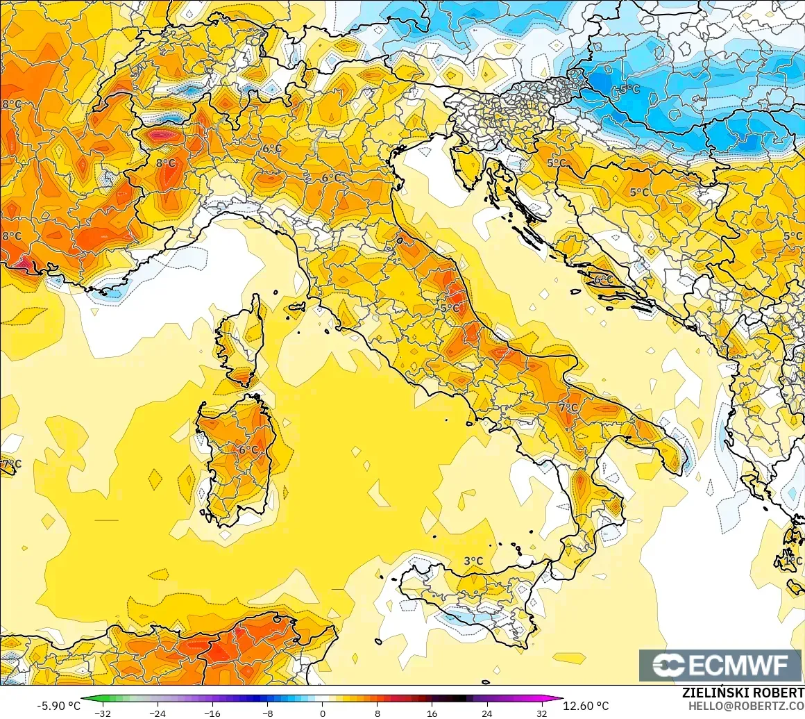 ECMWF IFS 0.25° model - İtalya, 2 m Sıcaklık Anomalisi