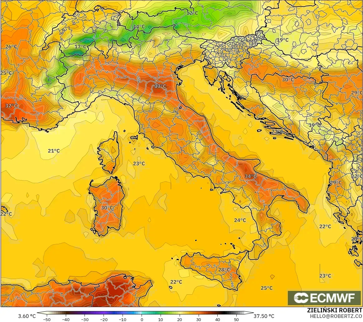 ECMWF IFS 0.25° model - İtalya, 2 m Sıcaklık
