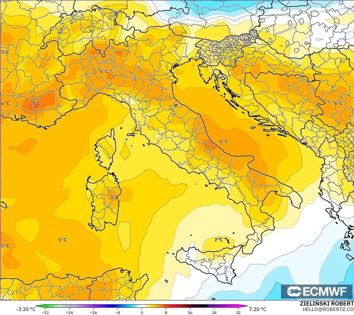 ECMWF IFS 0.25° model - İtalya, 850 hPa Sıcaklık Anomalisi
