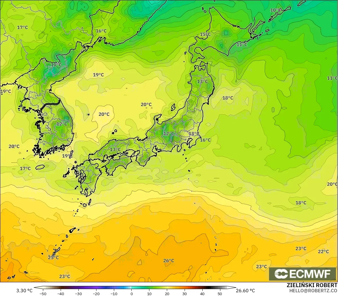 ECMWF IFS 0.25° model - Japonya, 2 m Çiy Noktası