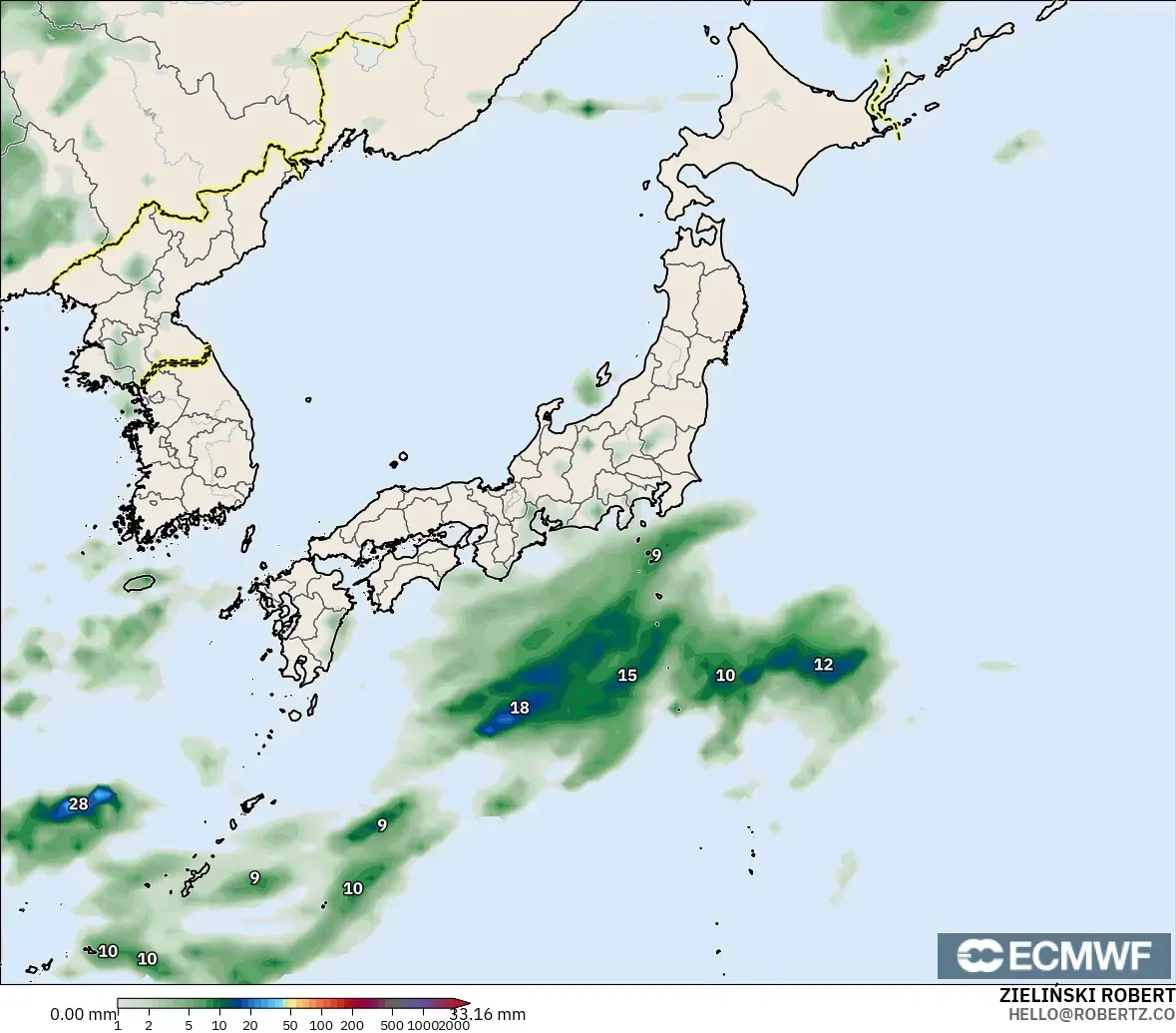 ECMWF IFS 0.25° model - Japonya, Yağış Birikimi