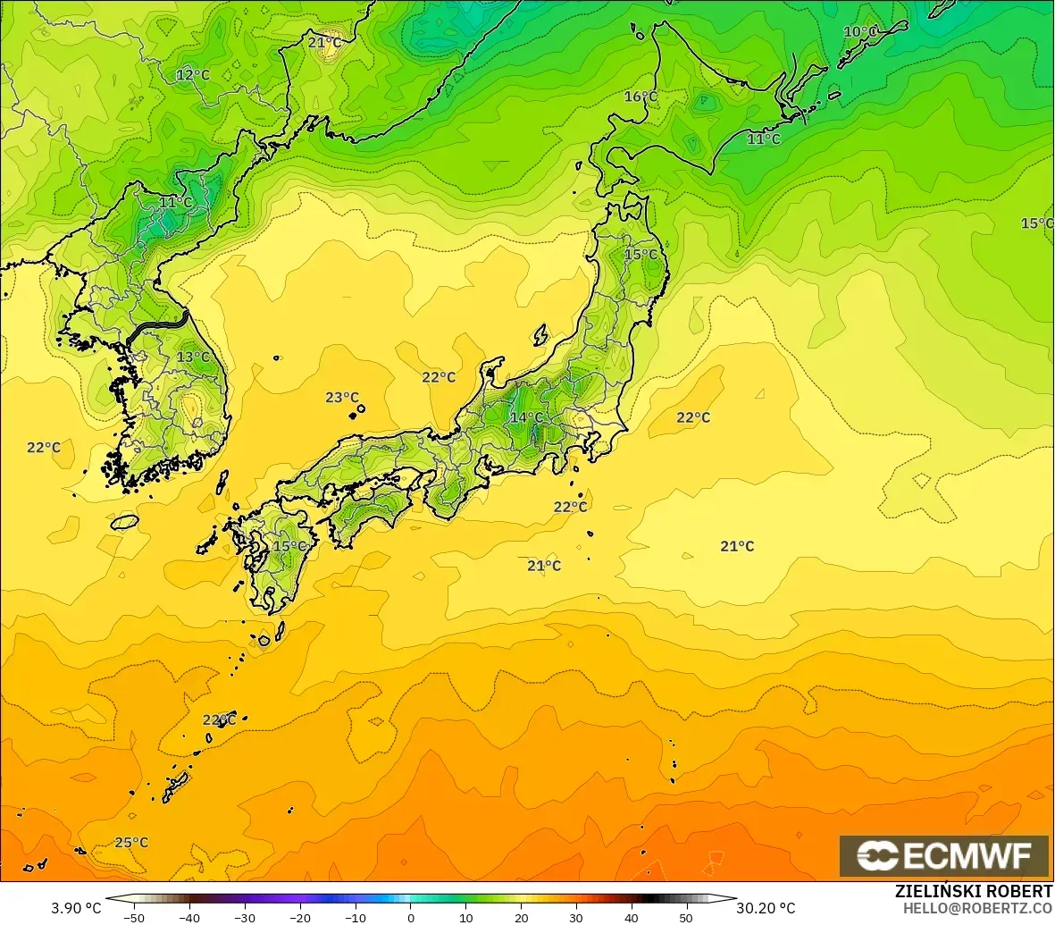 ECMWF IFS 0.25° model - Japonya, 2 m Sıcaklık