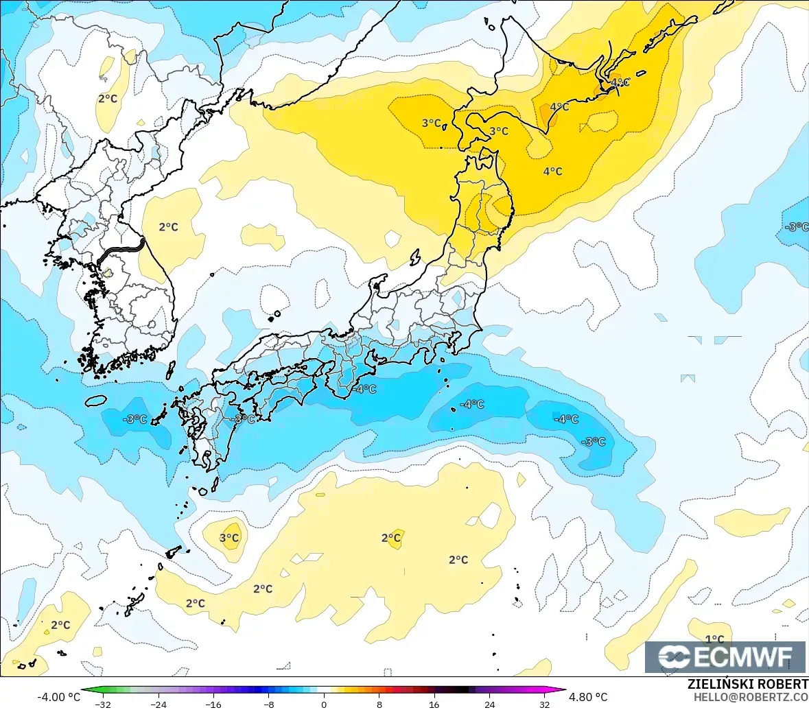 ECMWF IFS 0.25° model - Japonya, 850 hPa Sıcaklık Anomalisi