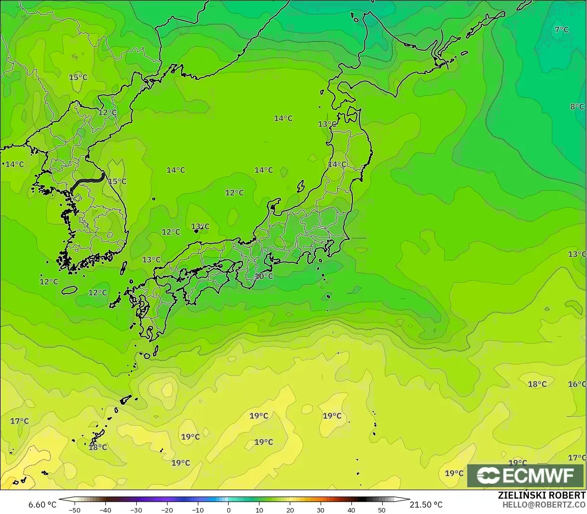 ECMWF IFS 0.25° model - Japonya, 850 hPa Sıcaklık