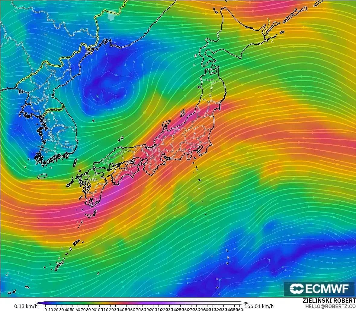 ECMWF IFS 0.25° model - Japonya, 300 hPa Rüzgârı (jet)