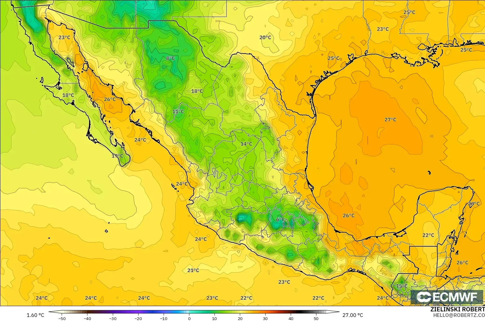 ECMWF IFS 0.25° model - Meksika, 2 m Çiy Noktası