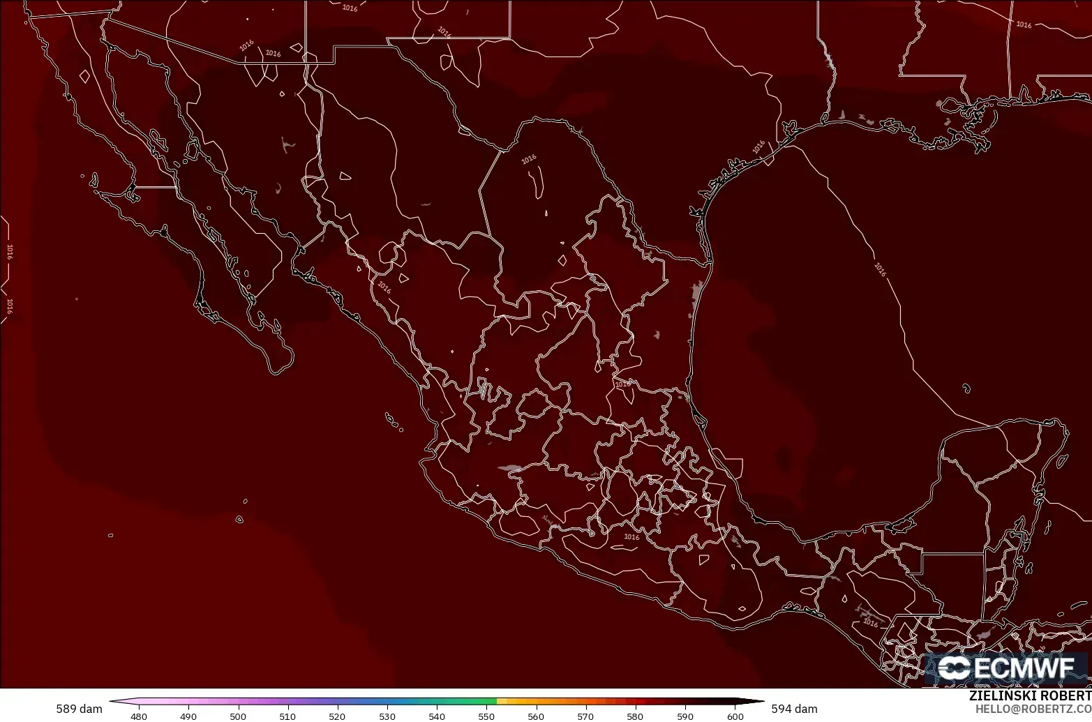 ECMWF IFS 0.25° model - Meksika, 500 hPa’da jeopotansiyel yükseklik